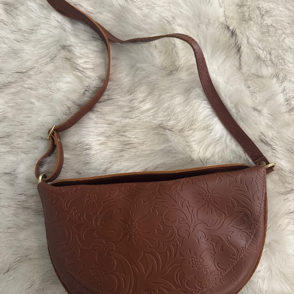 Portland Leather Brown Embossed Half-Moon Shoulder Bag